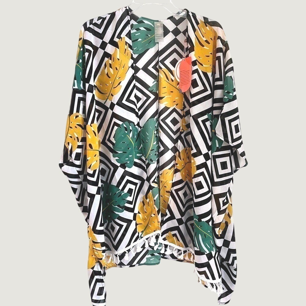 As Rose Rich Tropical Leaf Kimono Wrap Cover Up Womens Medium Black White NWT